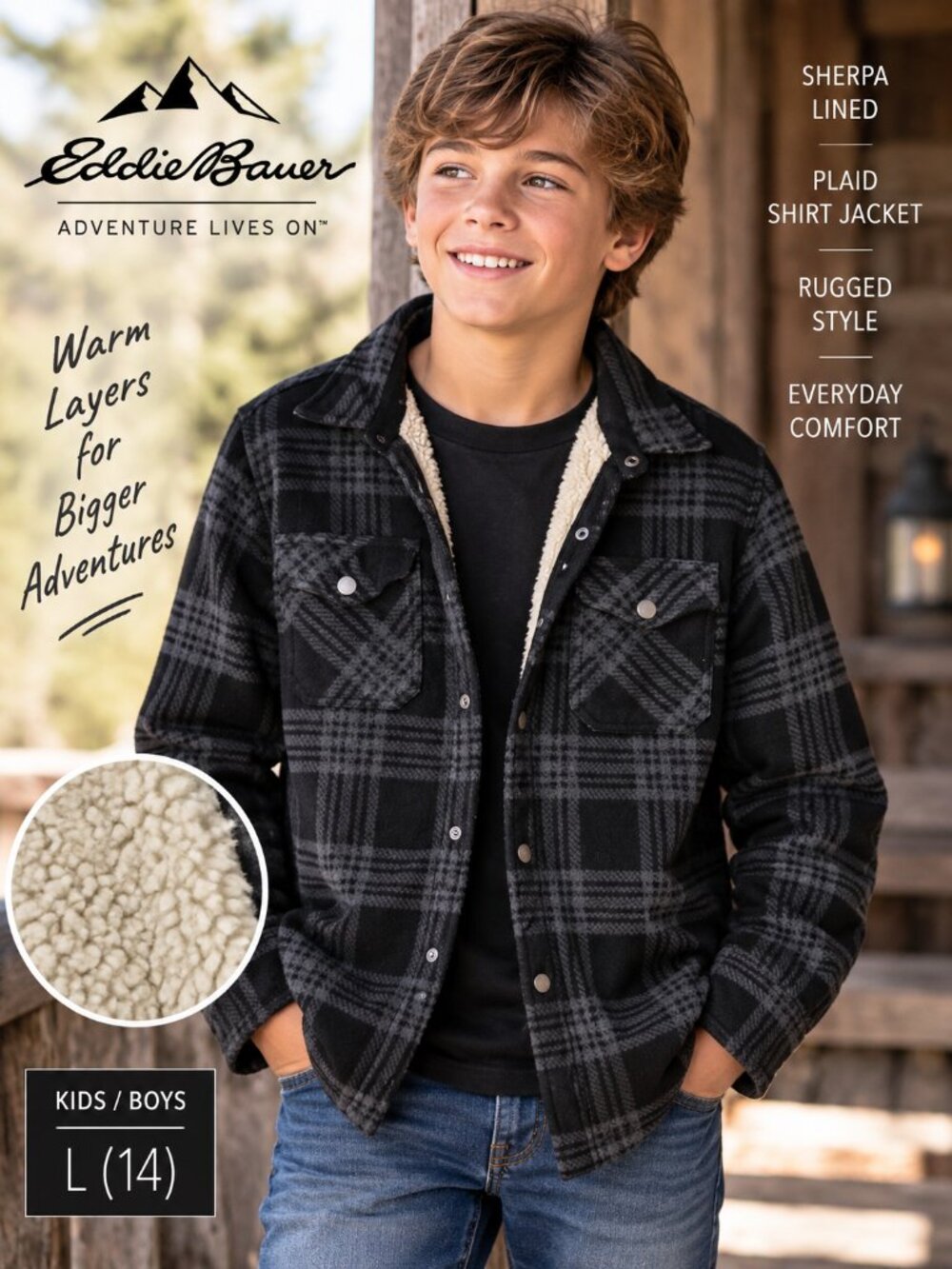 Eddie Bauer Boys Sherpa Lined Plaid Shirt Jacket L 14 Black Gray Shacket Cozy